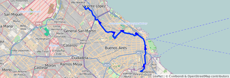 Mapa del recorrido R1 Munro-Avellaneda de la línea 93 en Argentina.