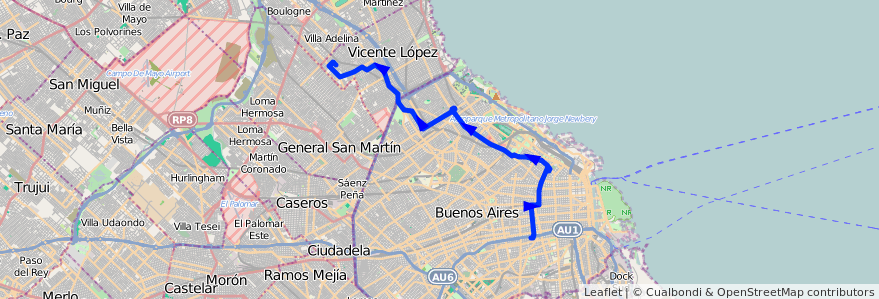 Mapa del recorrido Ramal 1 x Viaducto Carranza de la línea 41 en Argentina.