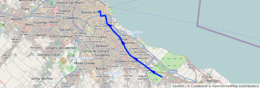 Mapa del recorrido R1 Once-La Plata de la línea 129 en Buenos Aires.