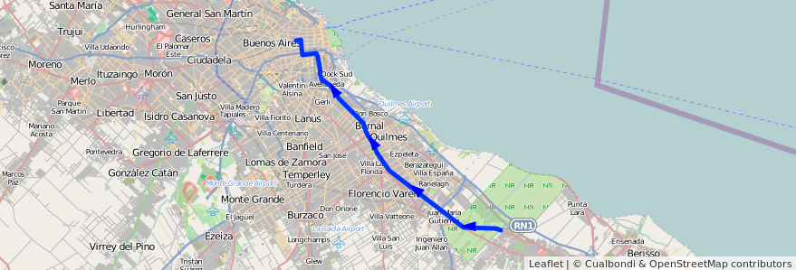 Mapa del recorrido R1 Once-Las Pipinas de la línea 129 en Buenos Aires.