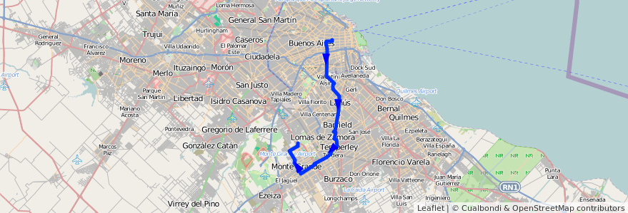 Mapa del recorrido R1 Once-Monte Grande de la línea 165 en Provinz Buenos Aires.