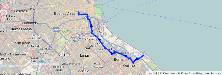 Mapa del recorrido R1 Once-Quilmes de la línea 98 en Argentina.