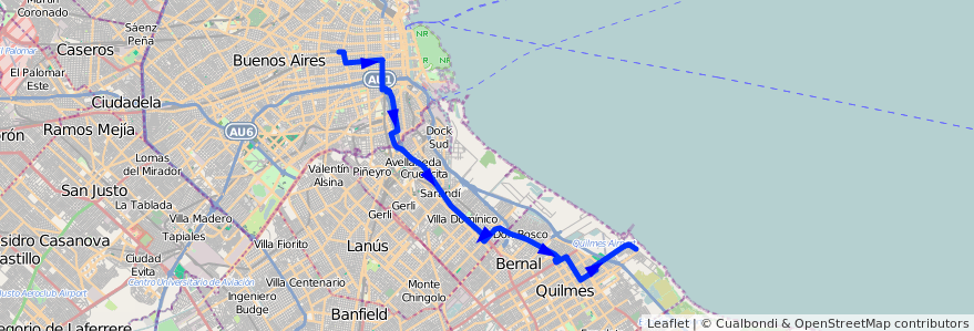 Mapa del recorrido R1 Once-Quilmes de la línea 98 en Argentine.