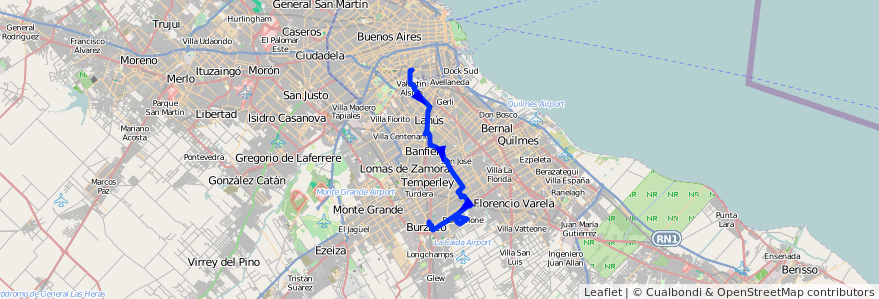 Mapa del recorrido R1 Pompeya-Burzaco de la línea 177 en Province de Buenos Aires.