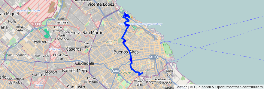 Mapa del recorrido R1 Pompeya-Cdad.Univ. de la línea 42 en Буэнос-Айрес.