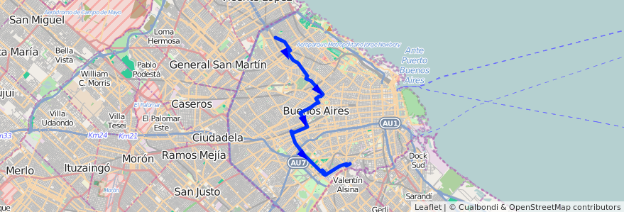 Mapa del recorrido Ramal A x Av. F. de la Cruz de la línea 76 en Ciudad Autónoma de Buenos Aires.