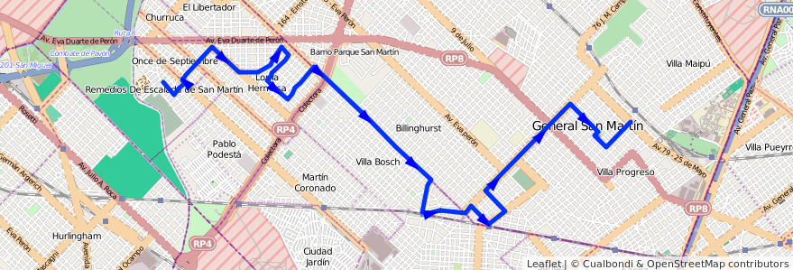 Mapa del recorrido R1 P.Podesta-S.Martin de la línea 328 en 布宜诺斯艾利斯省.