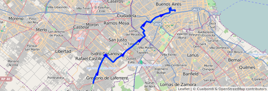 Mapa del recorrido R1 Pra.Junta-G.Catan de la línea 180 en Argentina.