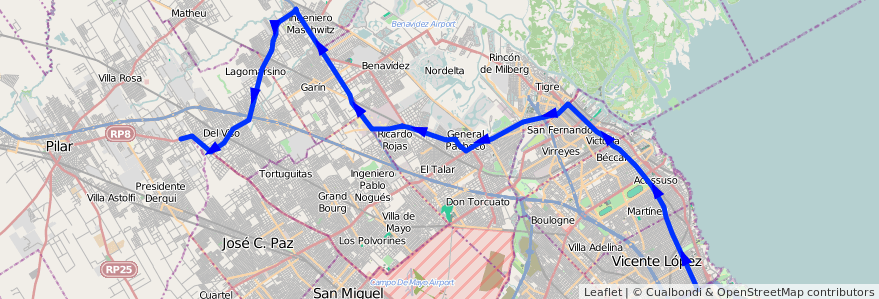 Mapa del recorrido R1 Pte.Saavedra-Pilar de la línea 203 en Buenos Aires.