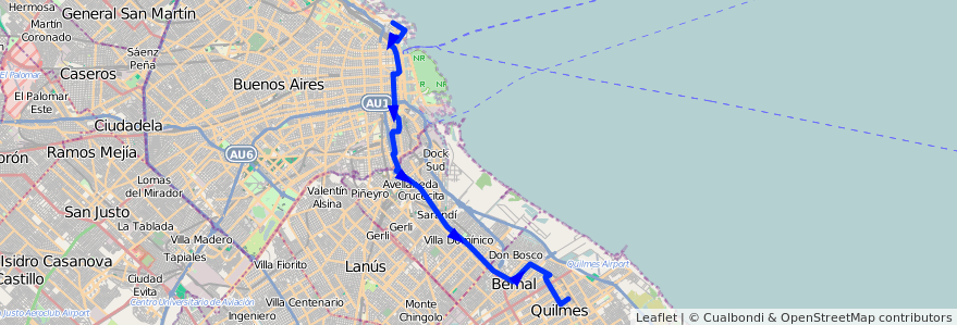 Mapa del recorrido R1 Pto.Nuevo-Quilmes de la línea 22 en Argentina.