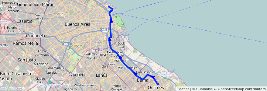 Mapa del recorrido R1 Pto.Nuevo-Quilmes de la línea 22 en Arjantin.