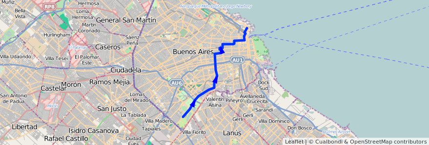 Mapa del recorrido R1 Retiro-B. Gral.Sav de la línea 115 en Ciudad Autónoma de Buenos Aires.