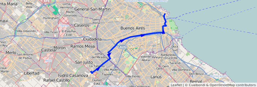 Mapa del recorrido R1 Retiro-La Tablada de la línea 126 en Argentina.