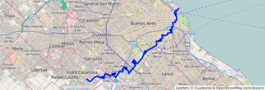 Mapa del recorrido R1 Retiro-Villegas de la línea 91 en Arjantin.