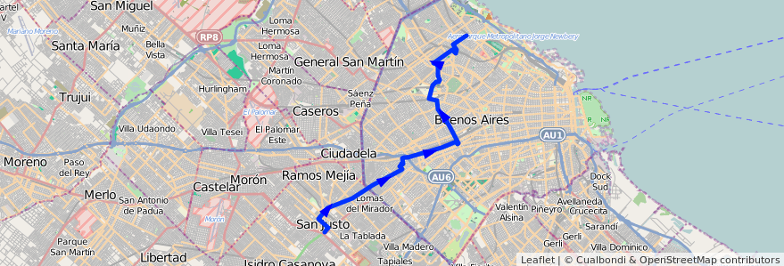 Mapa del recorrido R1 San Justo-Barranca de la línea 113 en Arjantin.