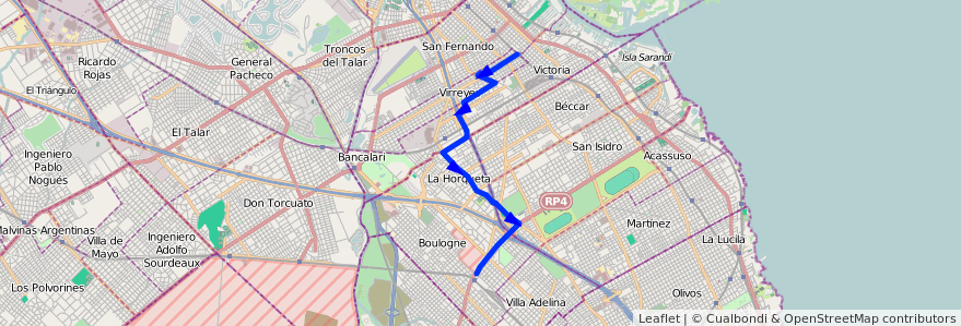 Mapa del recorrido R1 Virreyes-Boulogne de la línea 371 en Provinz Buenos Aires.