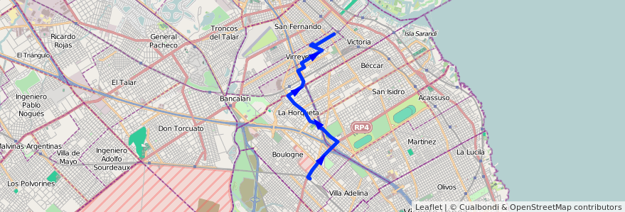 Mapa del recorrido R1 Virreyes-Boulogne de la línea 371 en Buenos Aires.