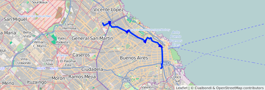 Mapa del recorrido R1 V.Martelli-Barracas de la línea 67 en Argentina.