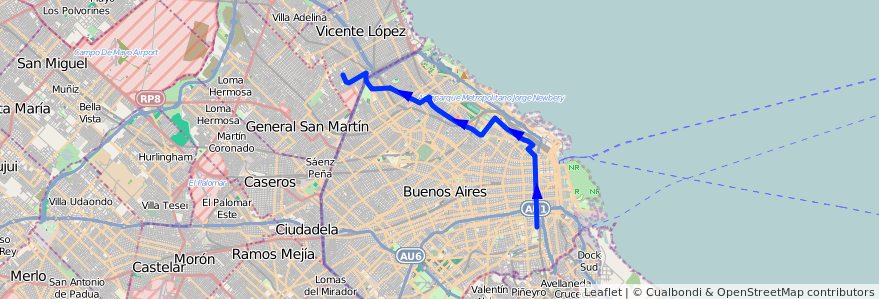 Mapa del recorrido R1 V.Martelli-Barracas de la línea 67 en Argentina.