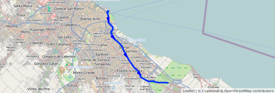 Mapa del recorrido R11 Retiro-La Plata de la línea 129 en 布宜诺斯艾利斯省.