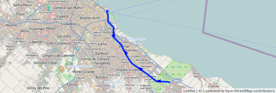 Mapa del recorrido R11 Retiro-La Plata de la línea 129 en Buenos Aires.