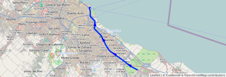 Mapa del recorrido R12 Retiro-La Plata de la línea 129 en Buenos Aires.