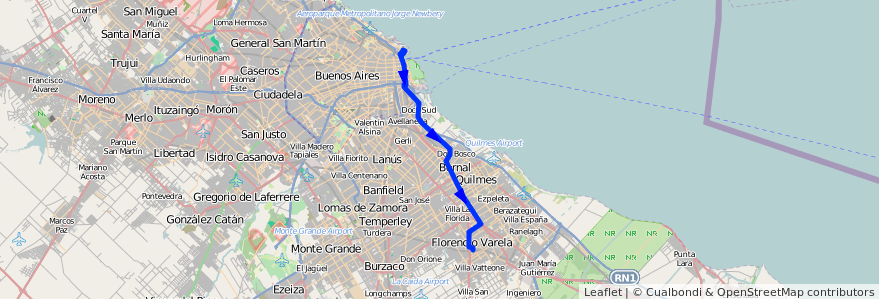 Mapa del recorrido R14 Retiro-F.Varela de la línea 129 en 아르헨티나.