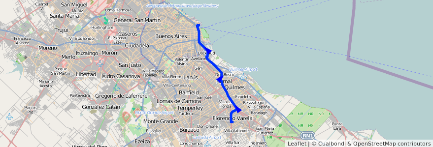 Mapa del recorrido R14 Retiro-F.Varela de la línea 129 en Arjantin.