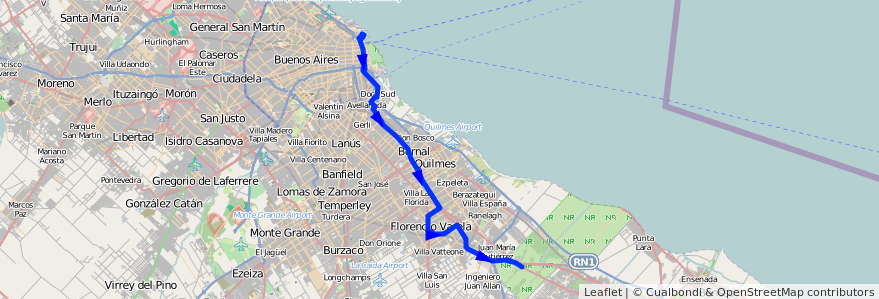 Mapa del recorrido R15 Retiro-F.Varela de la línea 129 en Buenos Aires.