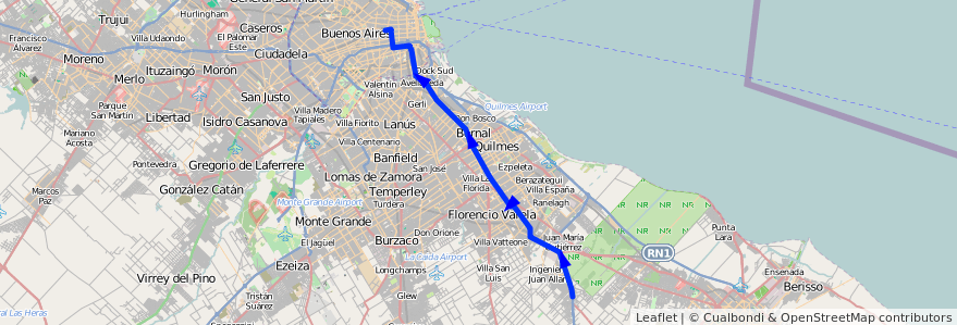 Mapa del recorrido R19 Once-Ing.Allan de la línea 129 en Provincia di Buenos Aires.