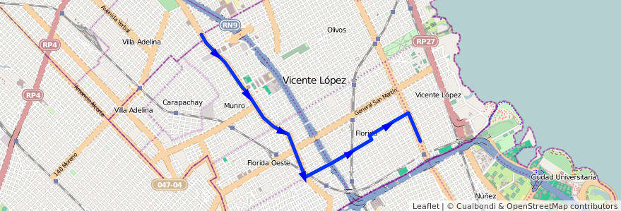 Mapa del recorrido R2 Boulogne-Vte.Lopez de la línea 314 en Vicente López.