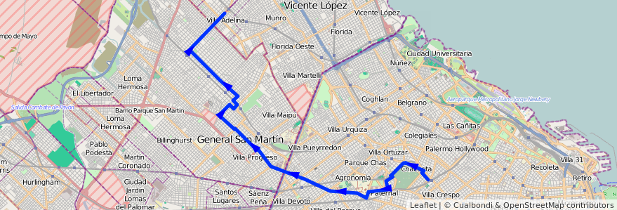 Mapa del recorrido R2 Chacarita-V.Adelina de la línea 78 en الأرجنتين.