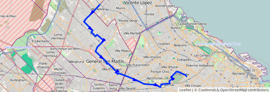 Mapa del recorrido R2 Chacarita-V.Adelina de la línea 78 en Аргентина.