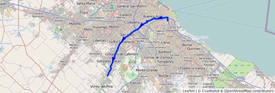 Mapa del recorrido R2 Const.-B. Esperanza de la línea 96 en Arjantin.