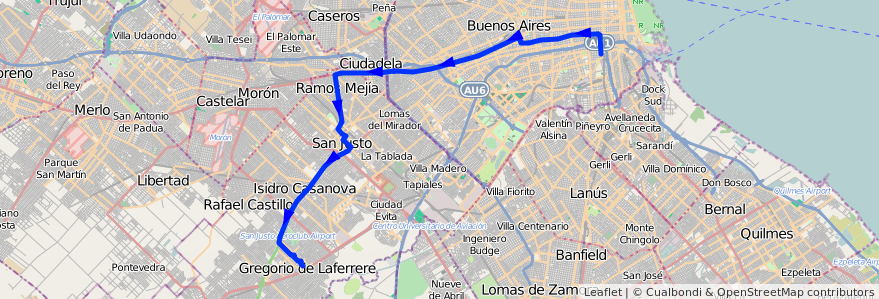 Mapa del recorrido R2 Const.-Laferrere de la línea 96 en Argentina.