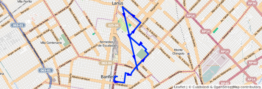 Mapa del recorrido R2 Lanus-Banfield de la línea 299 en Partido de Lanús.