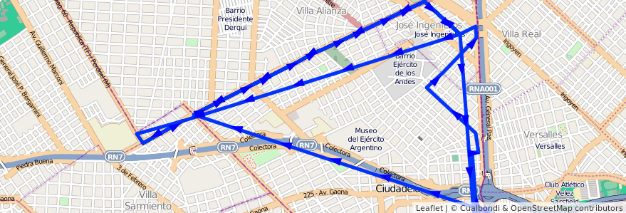 Mapa del recorrido R2 Liniers-El Palomar de la línea 289 en Partido de Tres de Febrero.