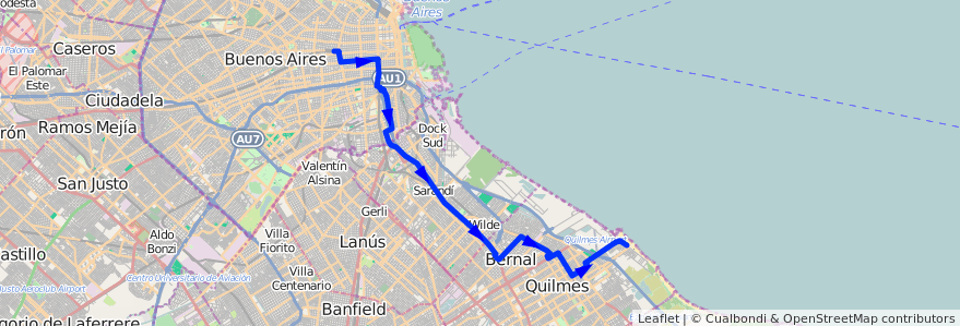 Mapa del recorrido R2 Once-Quilmes de la línea 98 en Argentina.