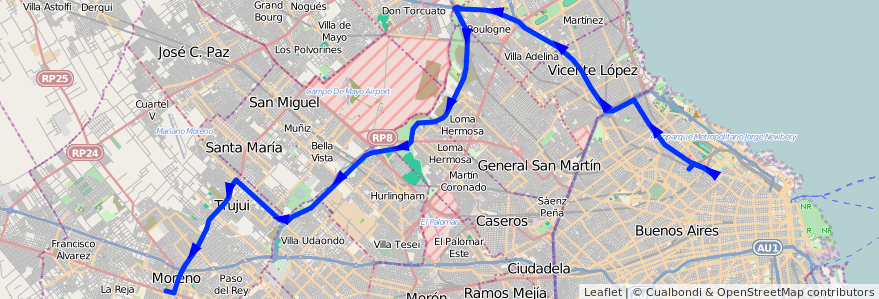 Mapa del recorrido R2 Palermo-Moreno de la línea 57 en Provinz Buenos Aires.