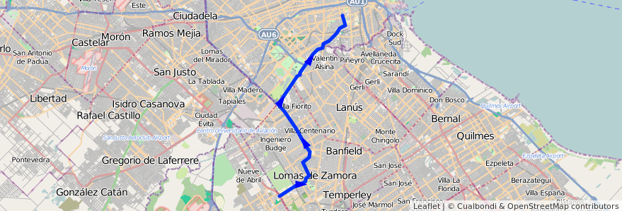 Mapa del recorrido R2 P.Italia-Budge de la línea 188 en Argentina.