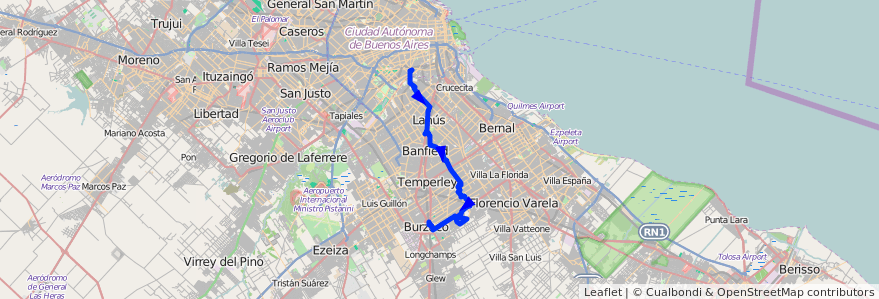 Mapa del recorrido R2 Pompeya-Burzaco de la línea 177 en Buenos Aires.