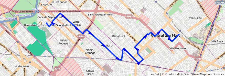 Mapa del recorrido R2 P.Podesta-S.Martin de la línea 328 en Buenos Aires.