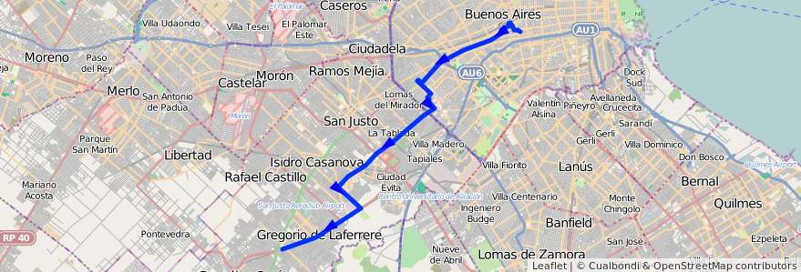 Mapa del recorrido R2 Pra.Junta-G.Catan de la línea 180 en Argentina.