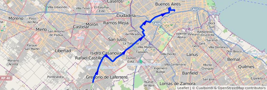 Mapa del recorrido R2 Pra.Junta-G.Catan de la línea 180 en Argentina.