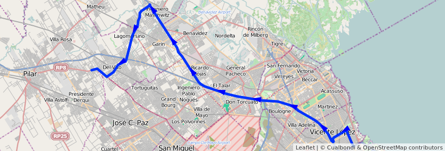 Mapa del recorrido R2 Pte.Saavedra-Pilar de la línea 203 en Provinz Buenos Aires.