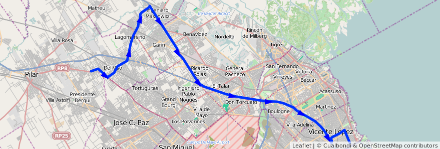 Mapa del recorrido R2 Pte.Saavedra-Pilar de la línea 203 en Буэнос-Айрес.