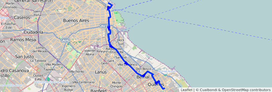 Mapa del recorrido R2 Pto.Nuevo-Quilmes de la línea 22 en Argentina.