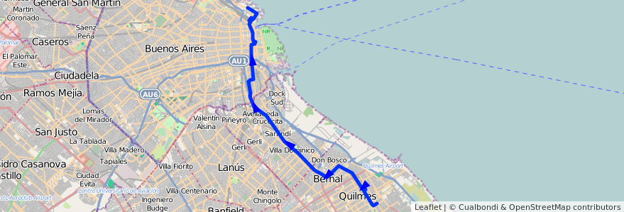 Mapa del recorrido R2 Pto.Nuevo-Quilmes de la línea 22 en Аргентина.