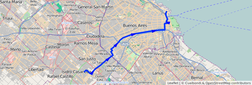 Mapa del recorrido R2 Retiro-La Tablada de la línea 126 en Argentina.