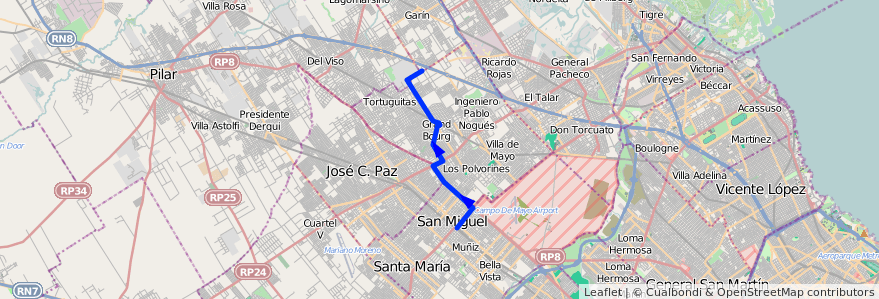 Mapa del recorrido R2 S.Miguel-Tortuguit de la línea 341 en Partido de Malvinas Argentinas.